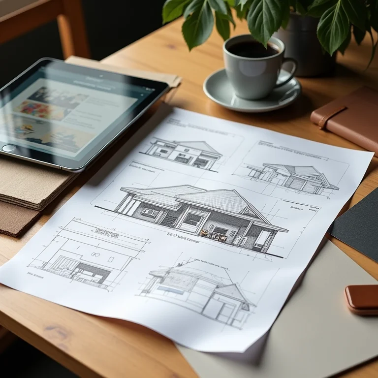 Espaço de trabalho de um designer com plantas e amostras de materiais