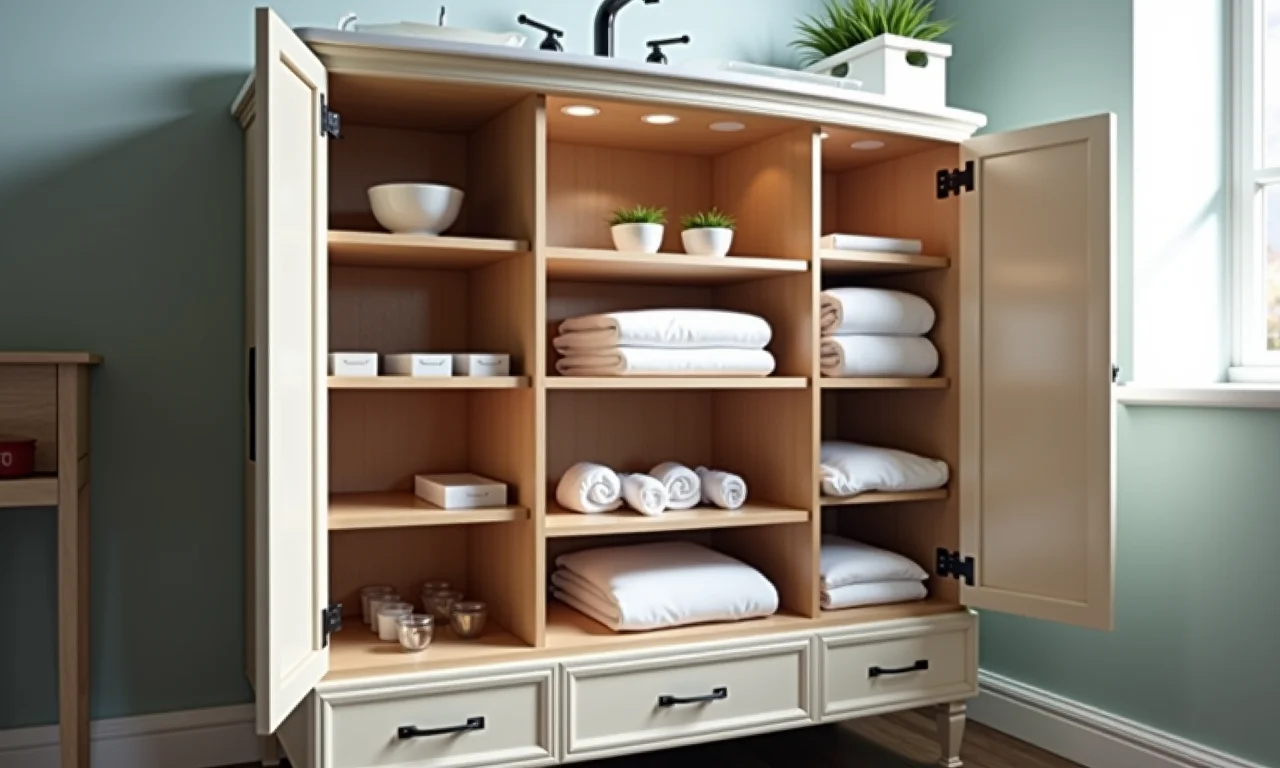 Espaço interno de um gabinete de banheiro 60x40 com gavetas, portas e nichos organizados.