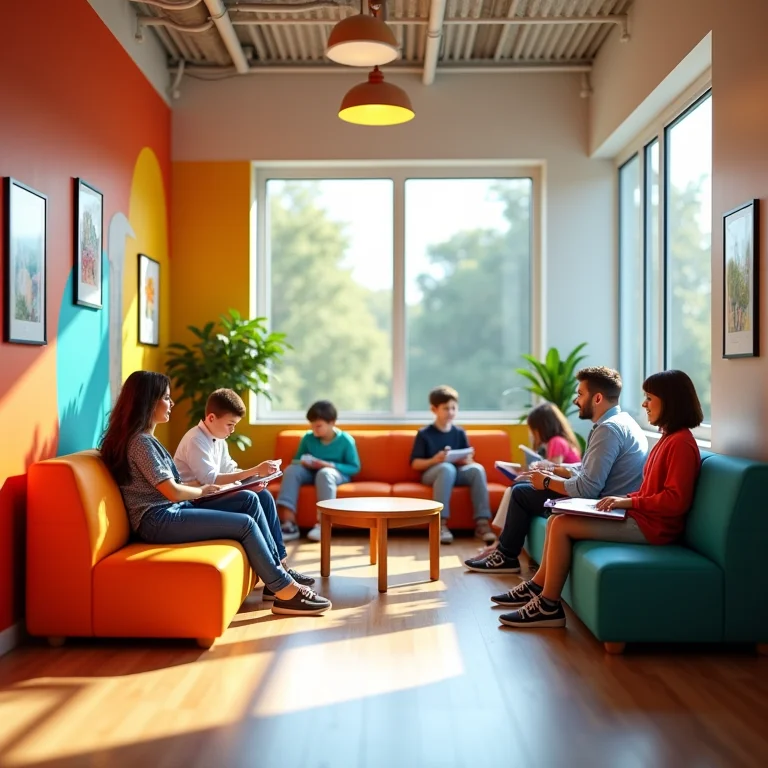 Espaços de convivência coloridos e confortáveis incentivam a interação entre os alunos.