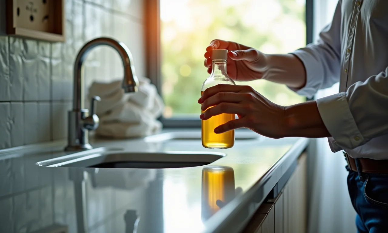 Especialista adicionando vinagre na máquina de lavar roupa.