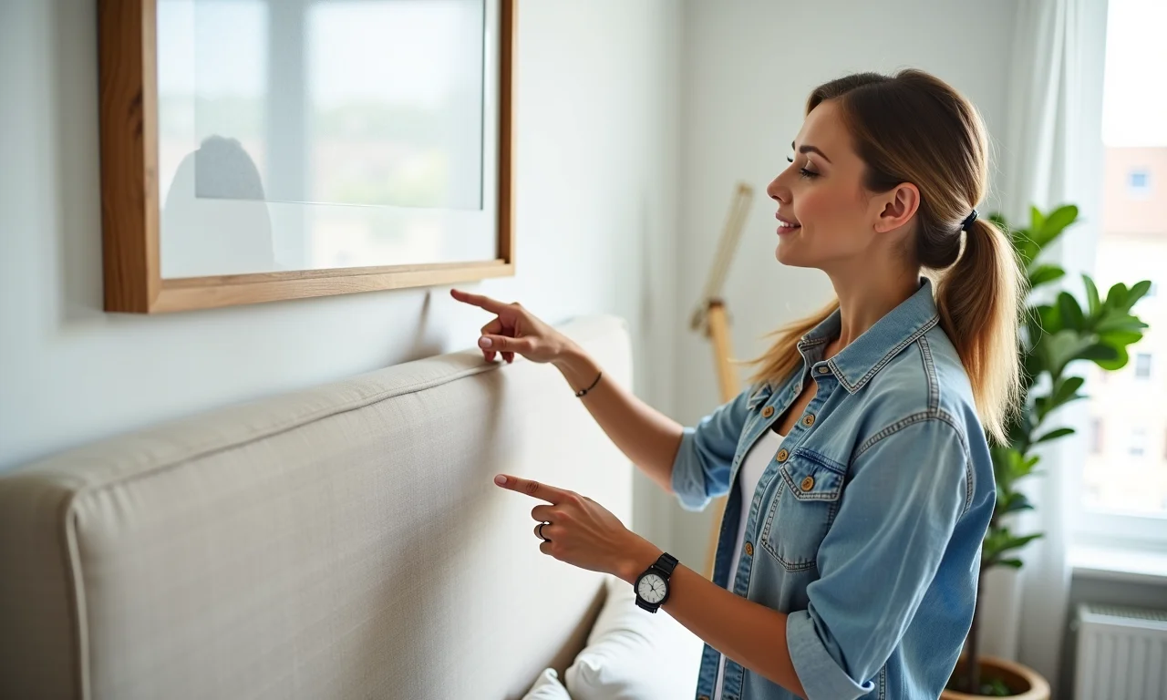 Especialista em design de interiores apontando para cabeceira estofada DIY.