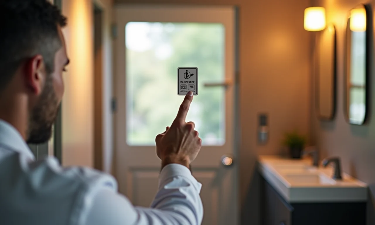 Especialista indicando opções de placas de banheiro.