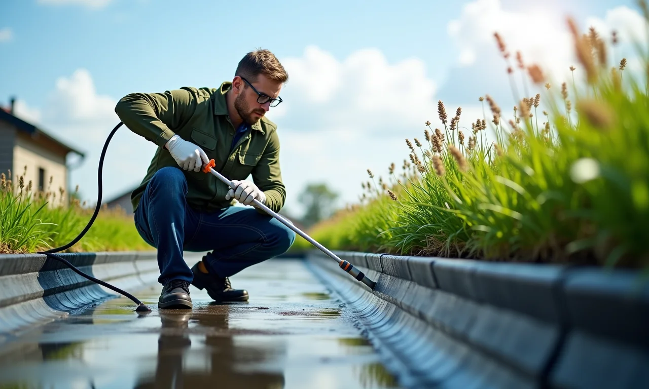 Especialista inspecionando telhado verde para detectar infiltrações.