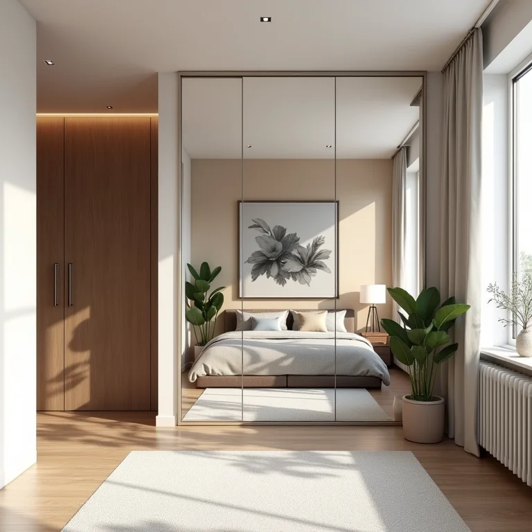 Espelho ampliando um pequeno apartamento studio