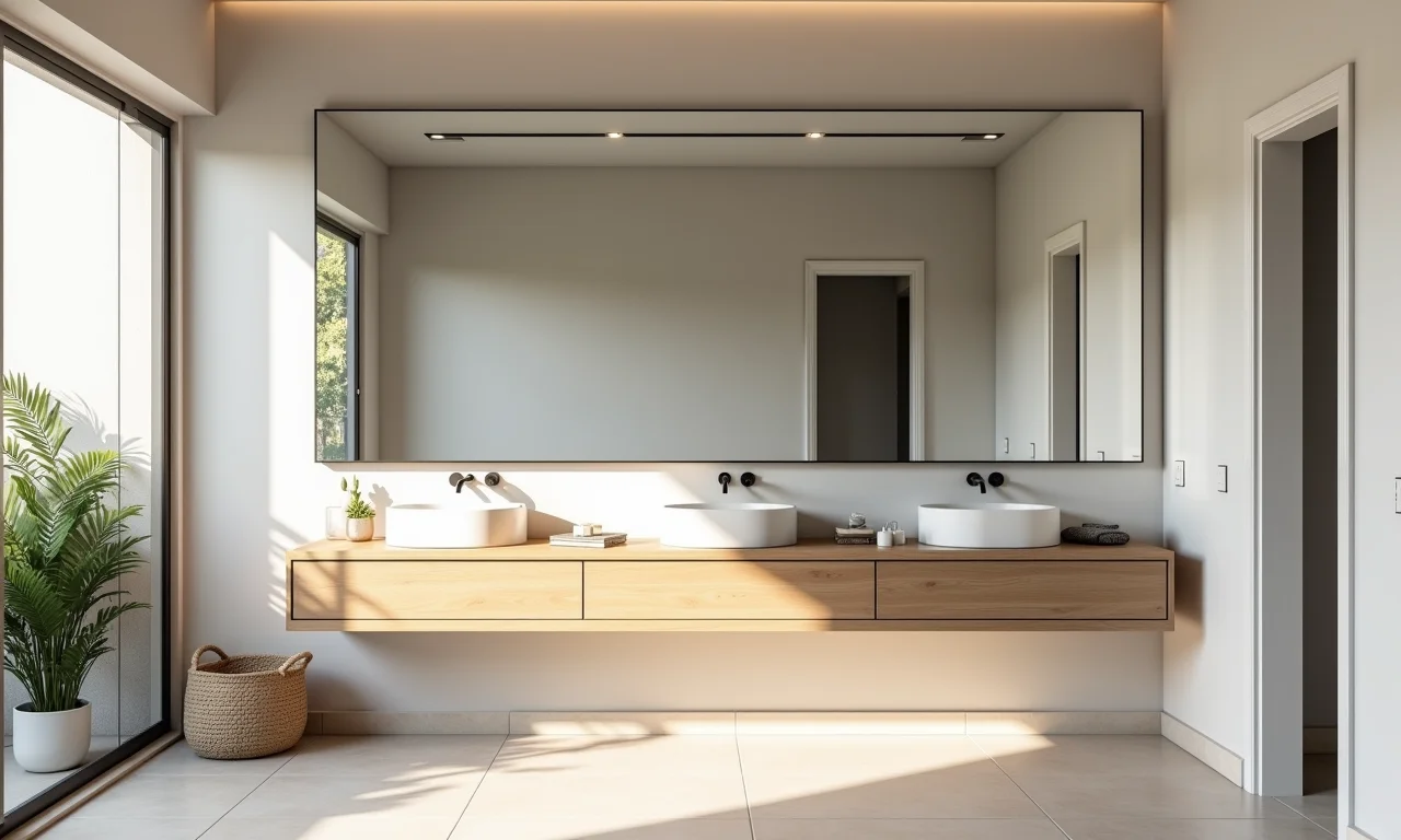 Espelho amplo ampliando visualmente banheiro pequeno.