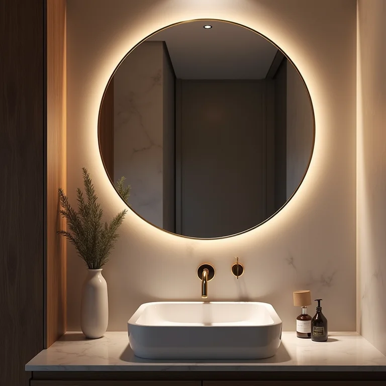 Espelho bisotado, um toque de elegância clássica em um banheiro contemporâneo.