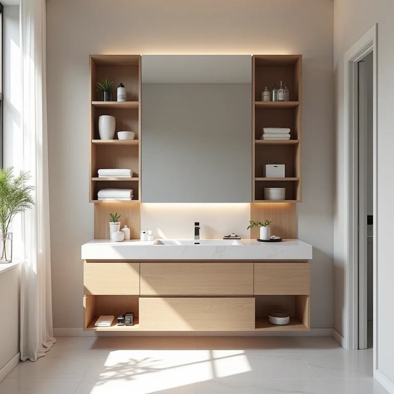 Espelho com armário embutido, otimizando organização e praticidade no banheiro.