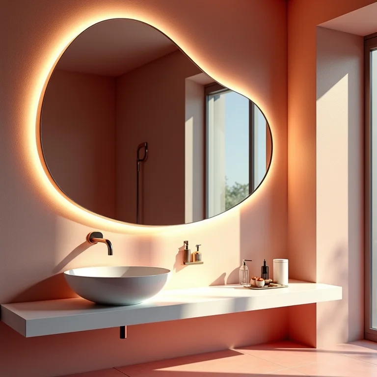 Espelho com formato incomum, adicionando criatividade e originalidade ao banheiro.