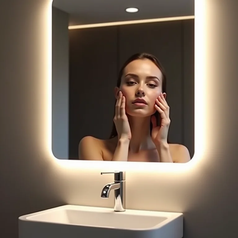 Espelho com iluminação embutida em banheiro moderno