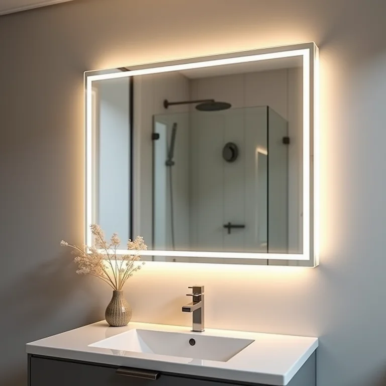 Espelho com LED e desembaçador em banheiro.