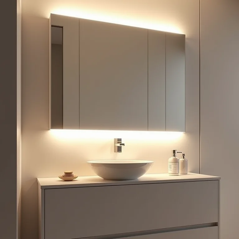 Espelho com LED em banheiro minimalista, destacando economia de energia