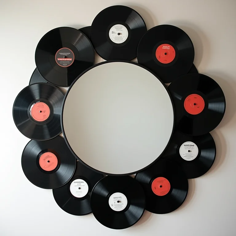 Espelho com moldura de discos de vinil no banheiro temático.