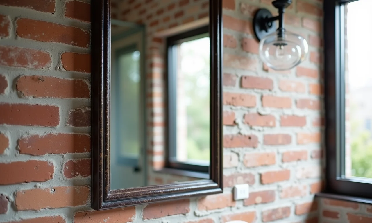 Espelho com moldura de ferro em um banheiro industrial.