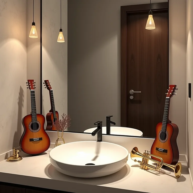 Espelho com moldura de instrumentos musicais em banheiro temático.