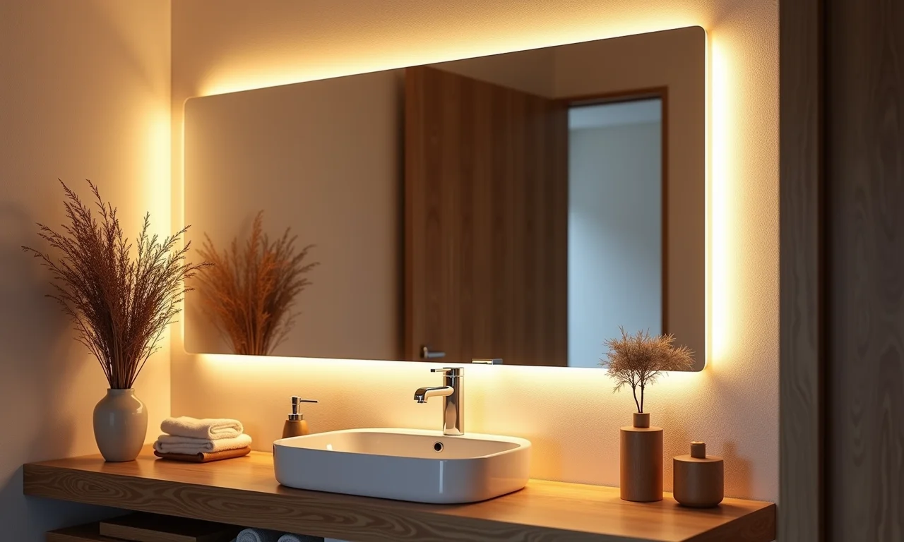 Espelho com moldura de madeira em banheiro com iluminação aconchegante.