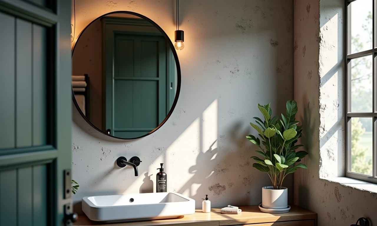 Espelho da Leroy Merlin com moldura preta em banheiro industrial.