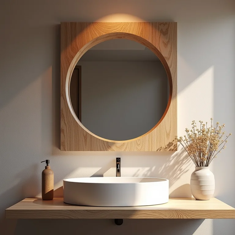 Espelho de banheiro com moldura de madeira decorativa