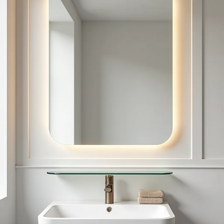 Espelho de banheiro com prateleira de vidro para armazenamento