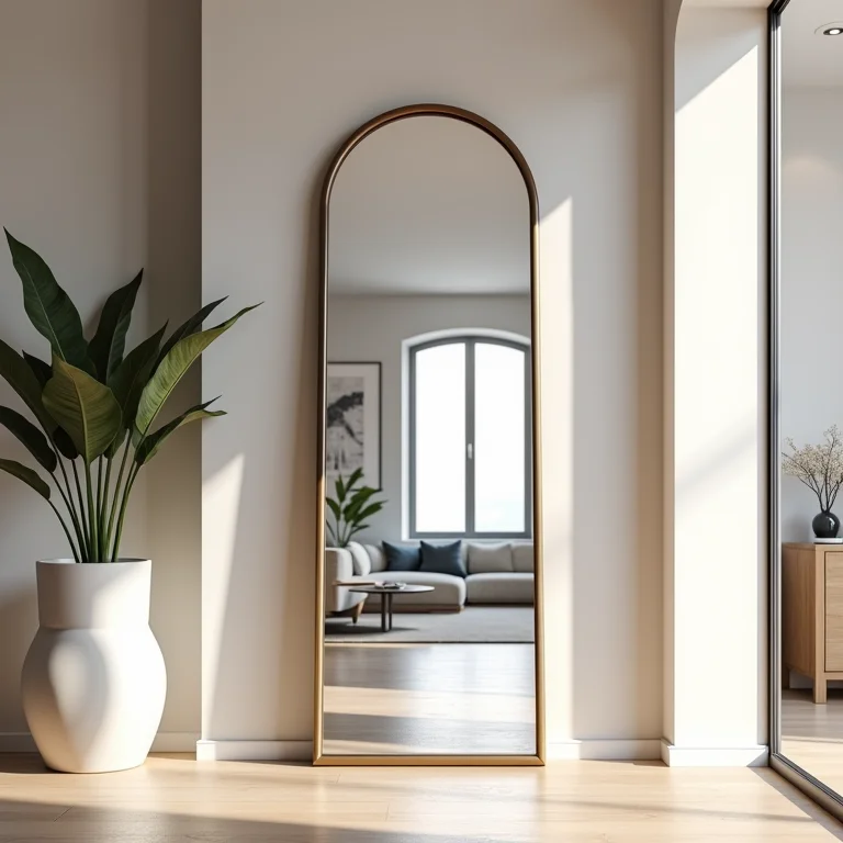 Espelho de corpo inteiro em um corredor refletindo a sala de estar