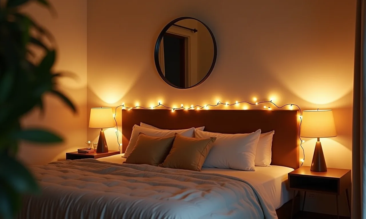 Espelho decorado com luzes de fada em um quarto aconchegante.