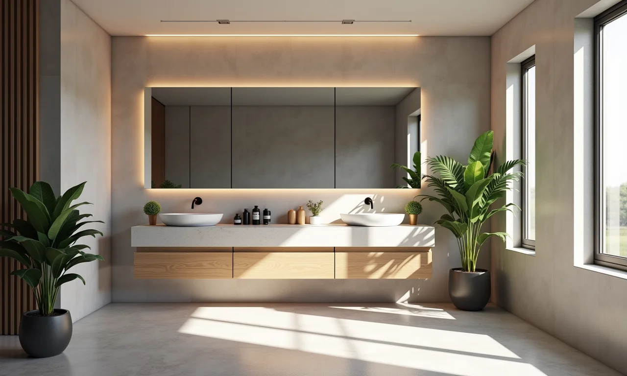 Espelho grande ampliando banheiro social moderno.