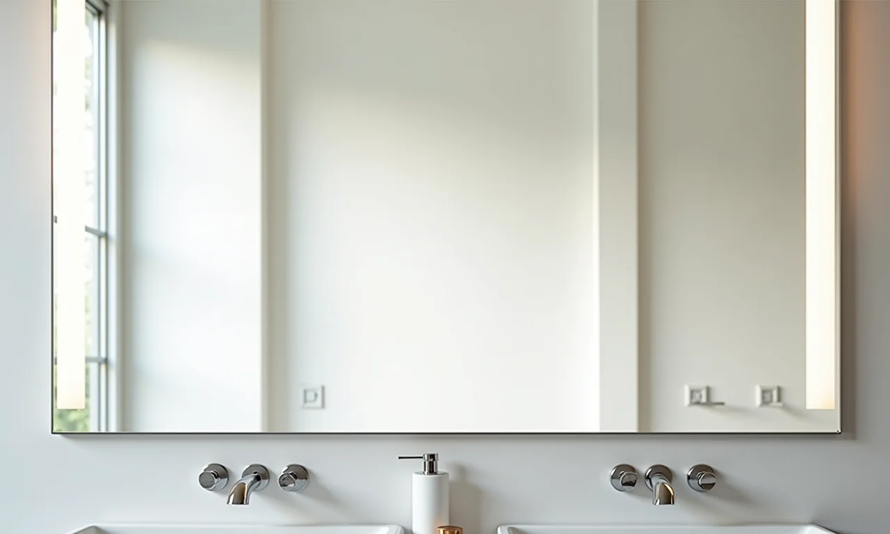 Espelho grande ampliando o espaço em banheiro com decoração clara.
