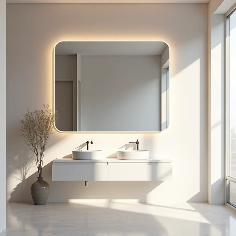 Espelho grande ampliando um banheiro pequeno