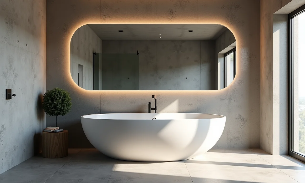 Espelho grande em banheiro com cimento queimado, ampliando o espaço.