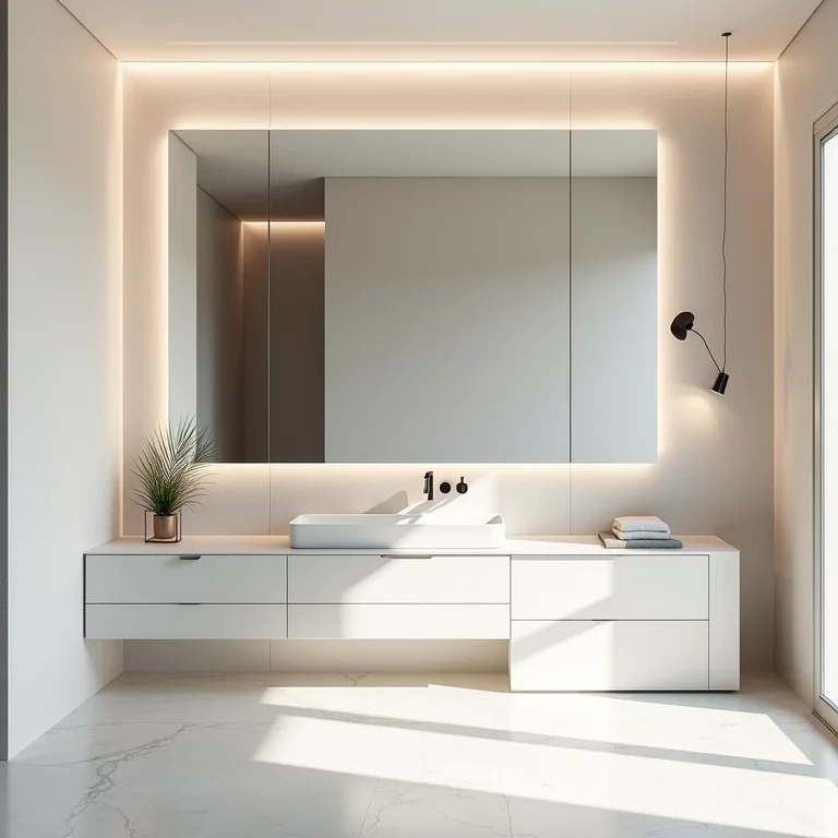 Espelho grande sem moldura em um banheiro minimalista, ampliando o espaço.