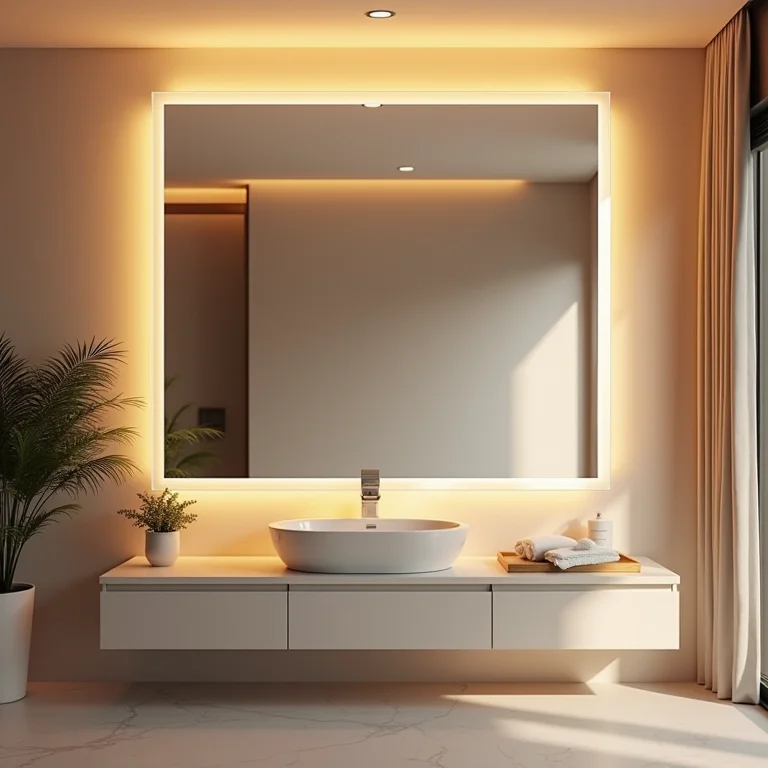 Espelho grande sem moldura refletindo a iluminação LED suave.