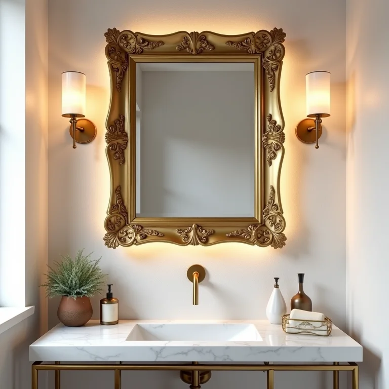 Espelho quadrado com moldura dourada em banheiro