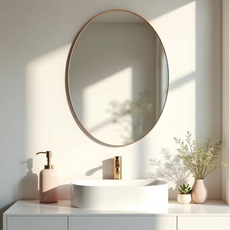 Espelho redondo ampliando visualmente um lavabo pequeno