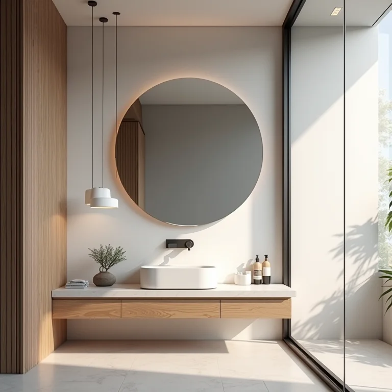 Espelho redondo em um banheiro moderno, quebrando a linearidade do espaço.