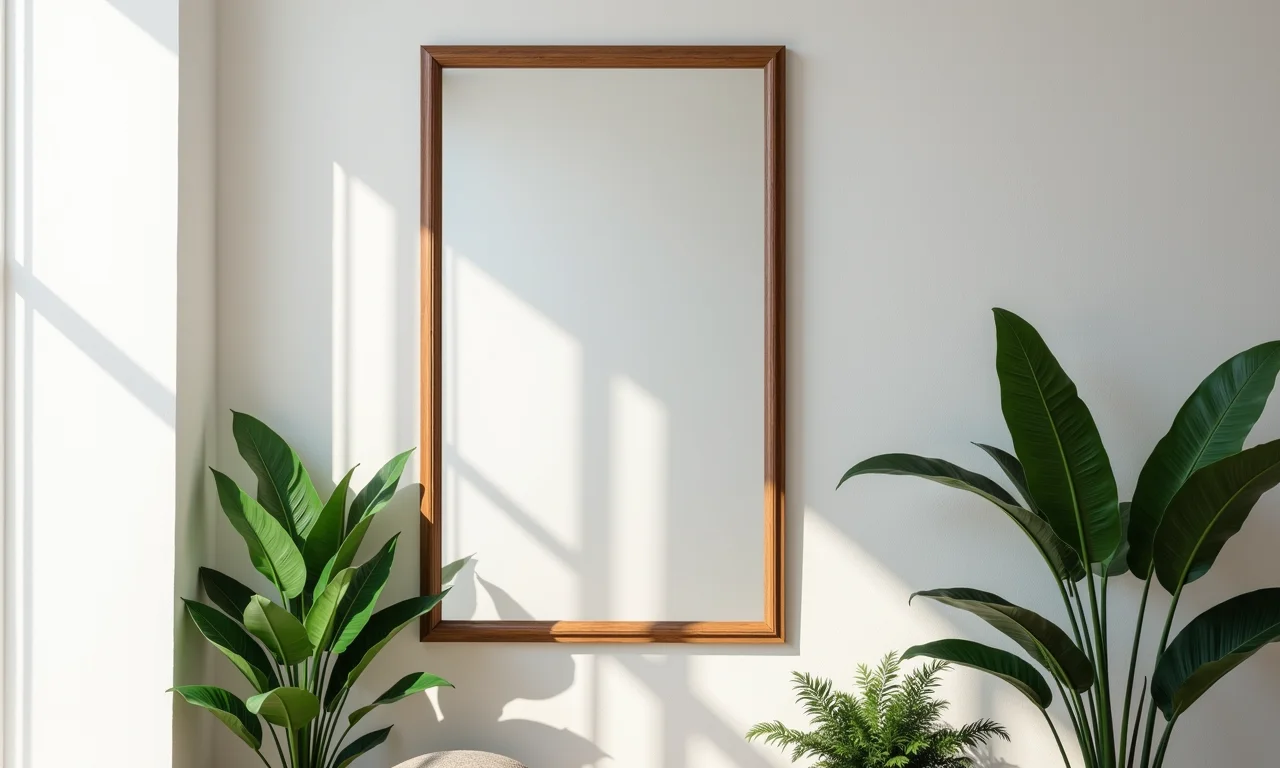 Espelho repaginado em uma parede, ampliando e decorando a sala.