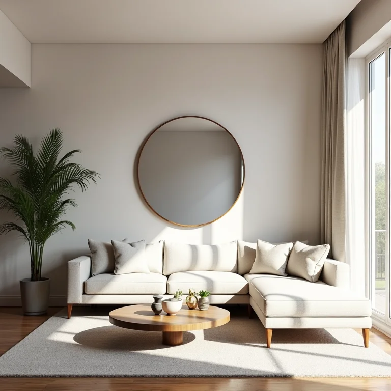 Espelhos ampliando e iluminando sala de estar clean.