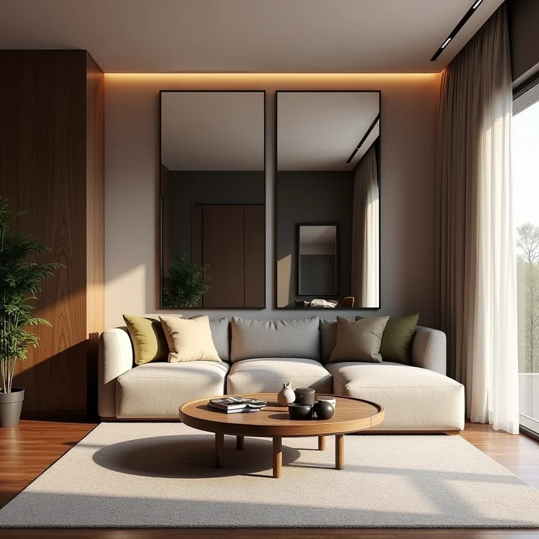 Espelhos ampliando espaço com viga disfarçada.