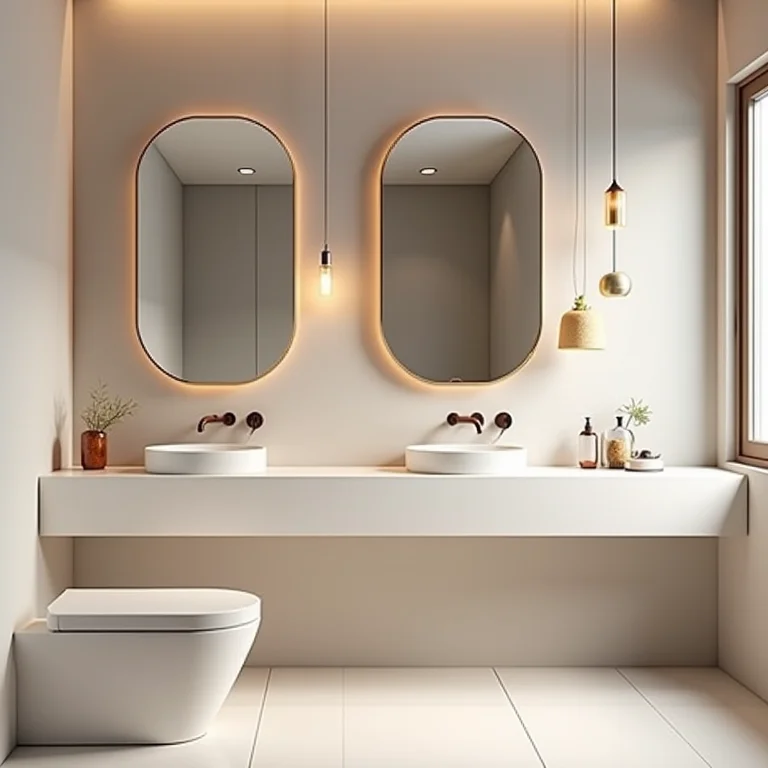 Espelhos ampliando o espaço de um banheiro pequeno.