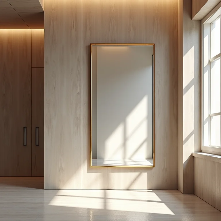 Espelhos ampliando o espaço e disfarçando a viga.