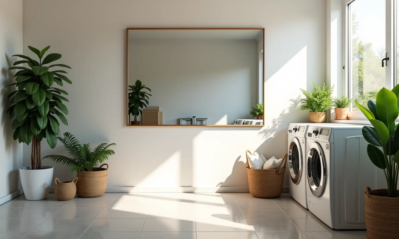 Espelhos ampliando o espaço em uma lavanderia pequena.