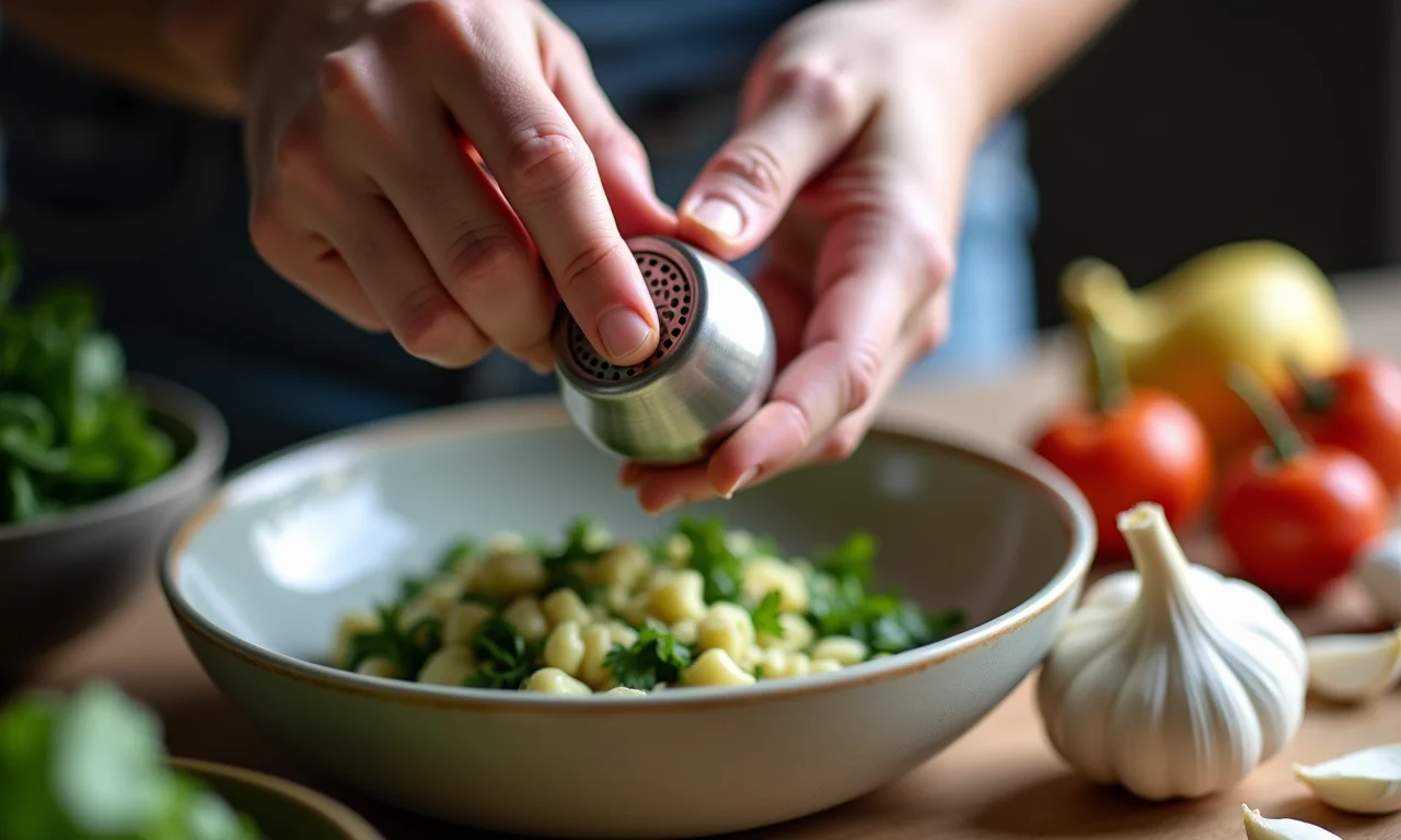 Espremedor de alho sendo usado sobre uma tigela de ingredientes veganos.