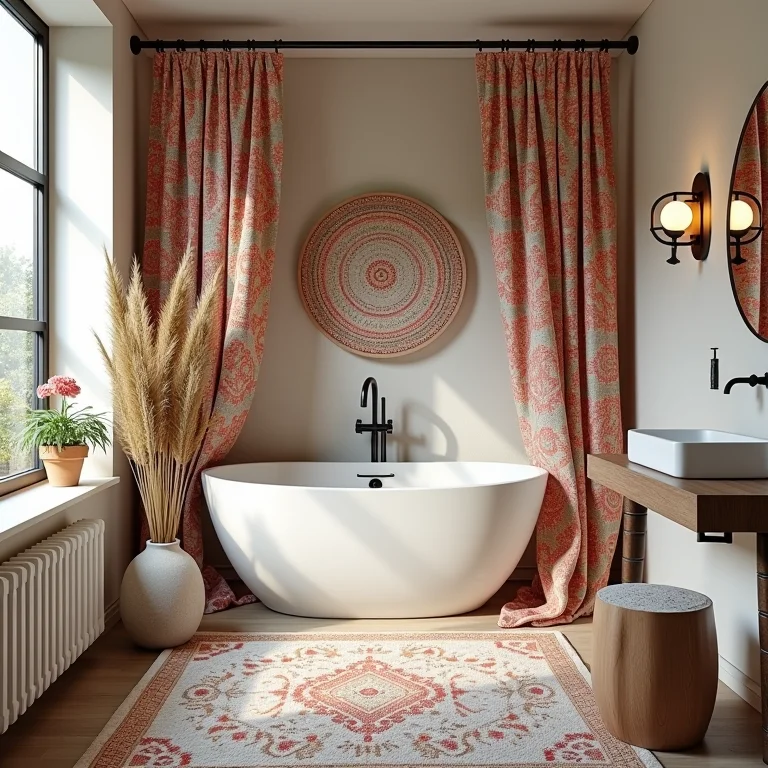 Estampas étnicas em um banheiro boho chic.