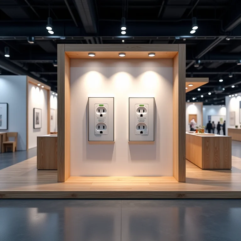 Estande em uma feira de construção exibindo interruptores e tomadas modernas