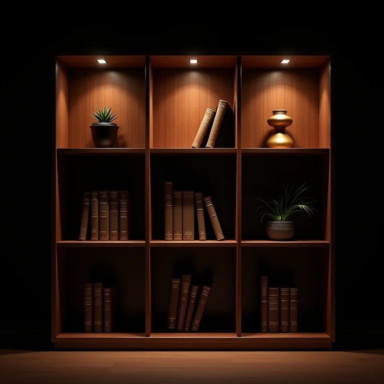 Estante com iluminação estratégica, destacando diferentes objetos