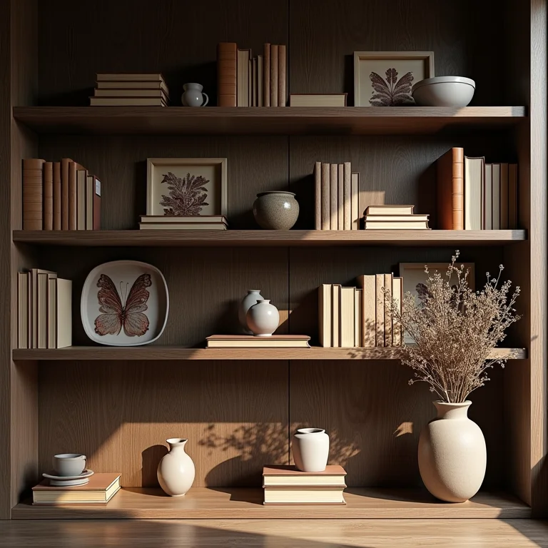 Estante com objetos de diferentes tamanhos e formas, dispostos de forma equilibrada
