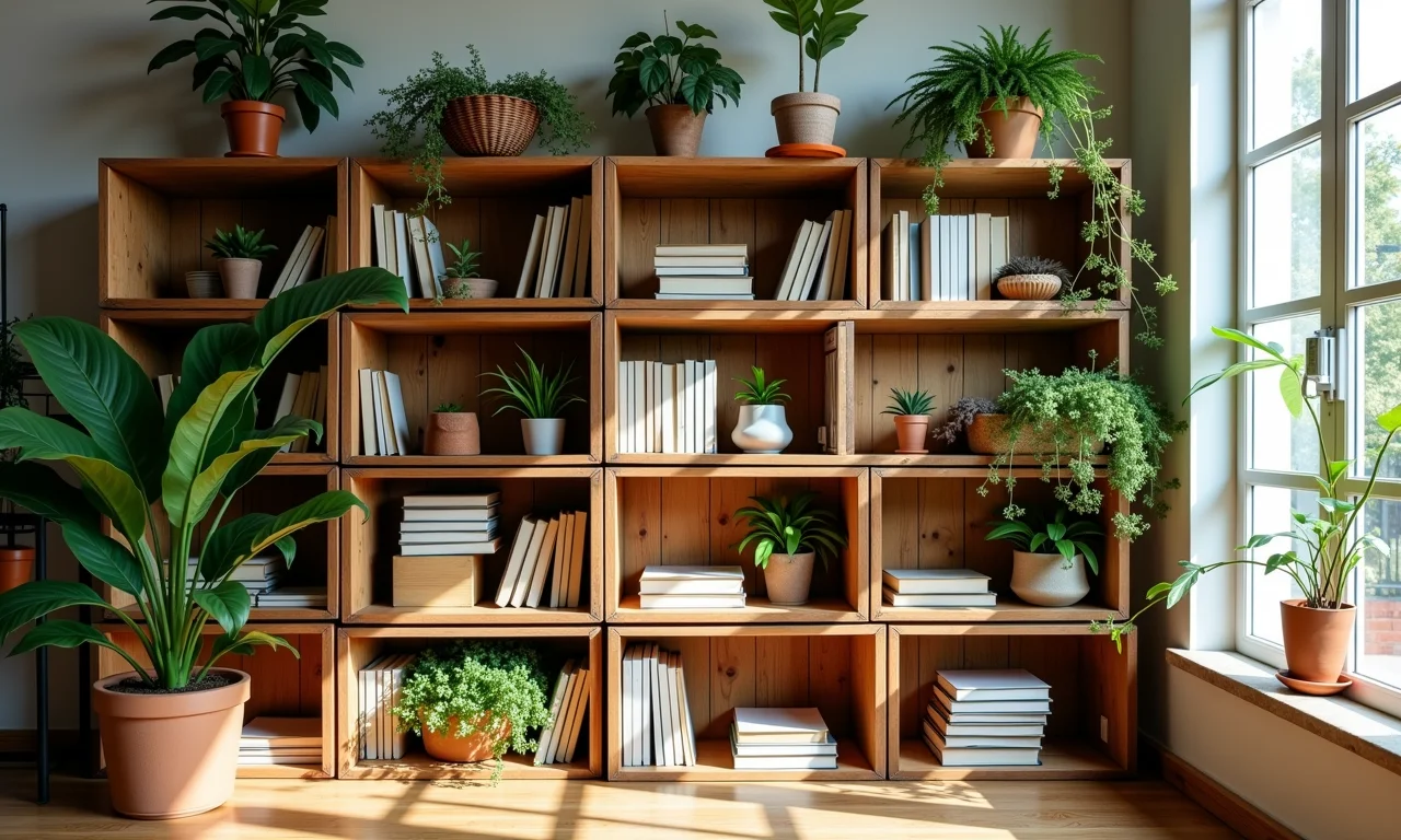 Estantes com caixotes de feira para organização criativa na sala.