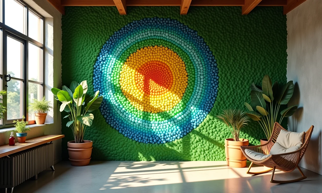 Estúdio criativo com parede de cobogó feita de garrafas plásticas recicladas.