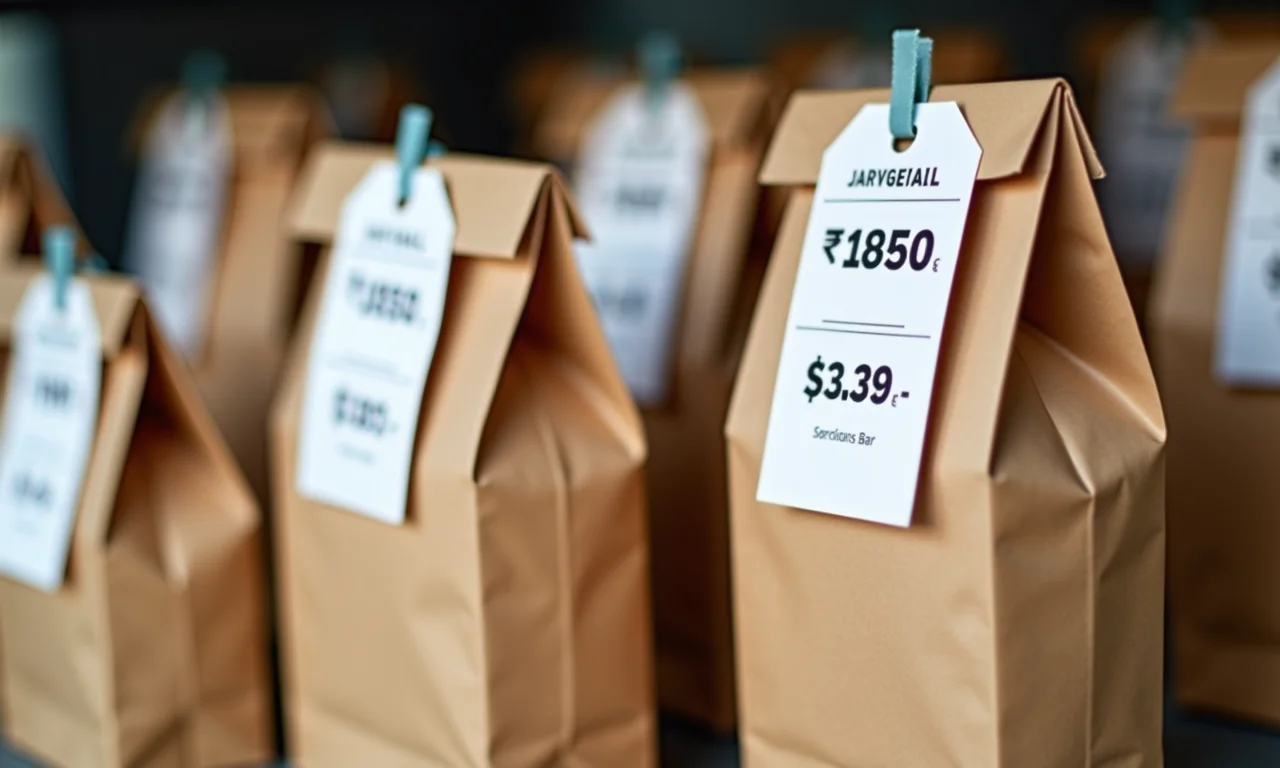 Etiquetas de preço em marmitas mostrando preços lucrativos.