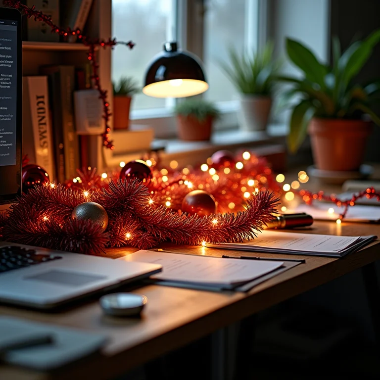 Excesso de decoração de Natal em mesa de escritório