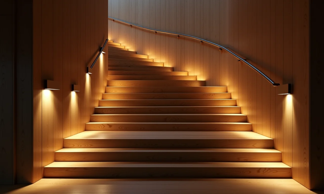 Exemplo de escada com diferentes tipos de iluminação: embutida, arandelas, LED, pendentes.