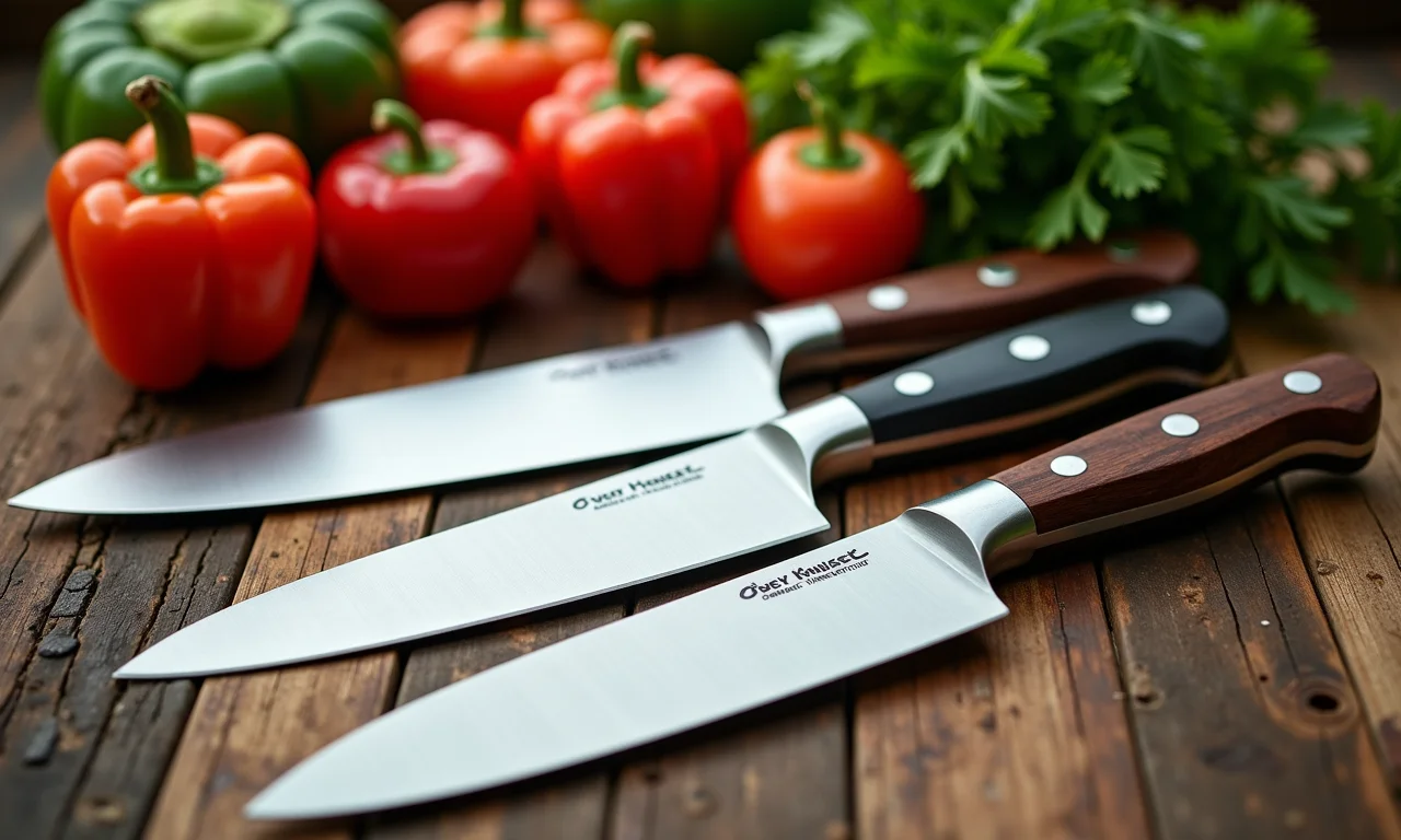 Facas de chef afiadas com legumes coloridos.